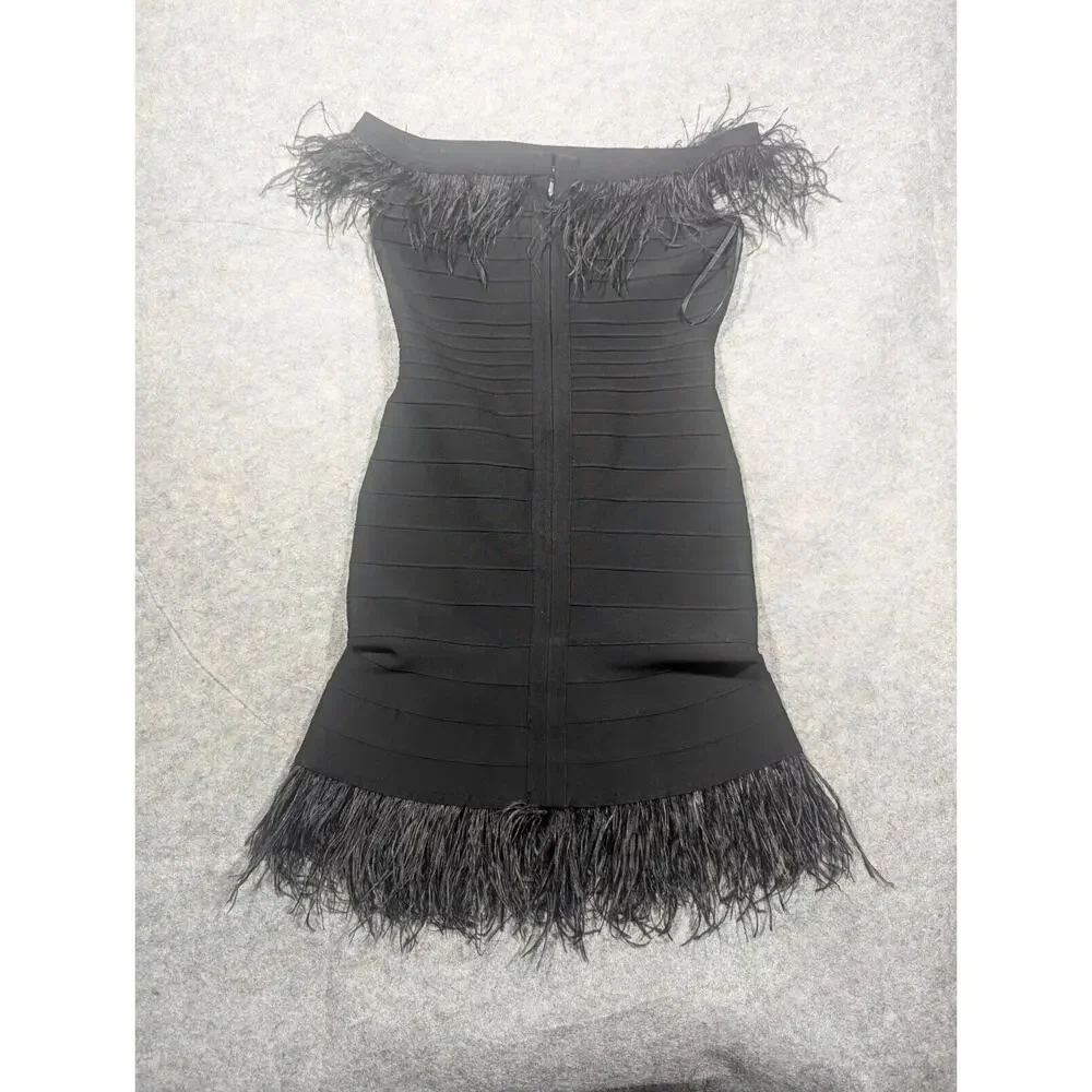Elliatt Womens Off Shoulder Feather Trim Bodycon Dress Small Black Cocktail - Picture 11 of 12